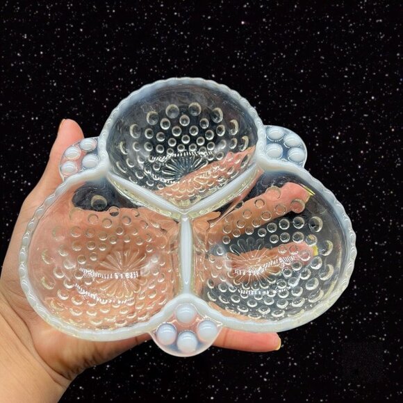 Anchor Hocking Opalescent Moonstone Relish Candy Dish Divided Bowl 1.5”T 6.5”W - Picture 5 of 12